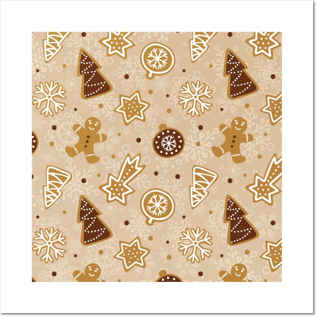 Christmas Pattern with Christmas Tree, Snowflakes, Stars, Gingerbread Wall Art by Zen Cosmos Official